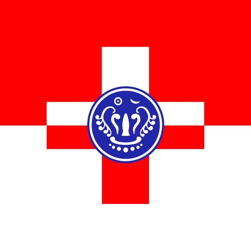 Wappen – Gespaltenes Schild mit Schweizer Kreuz links und stilisierter Insel mit Pagode rechts